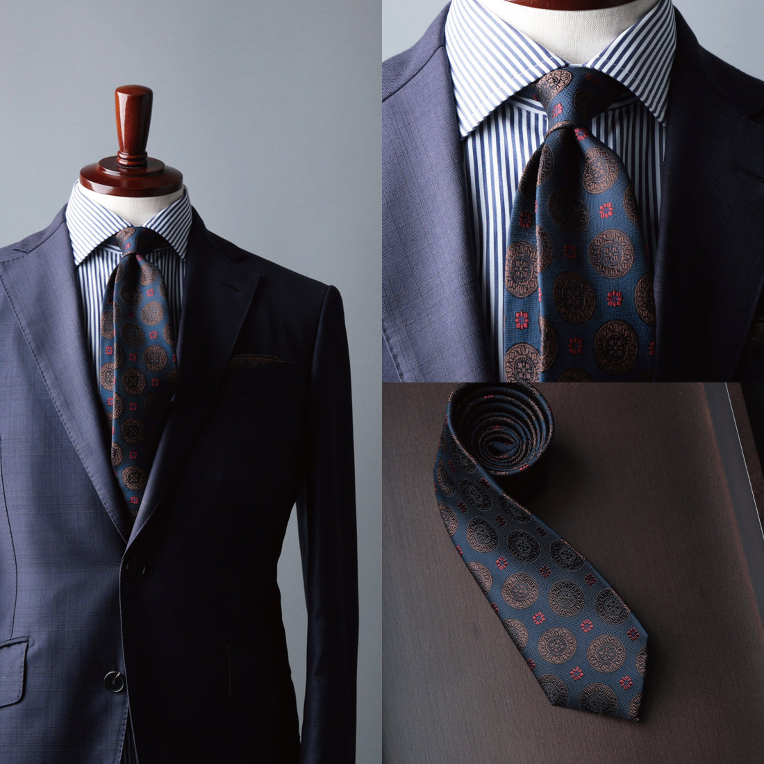 シルク 大柄小紋 ネイビー ピンク ハイクオリティ