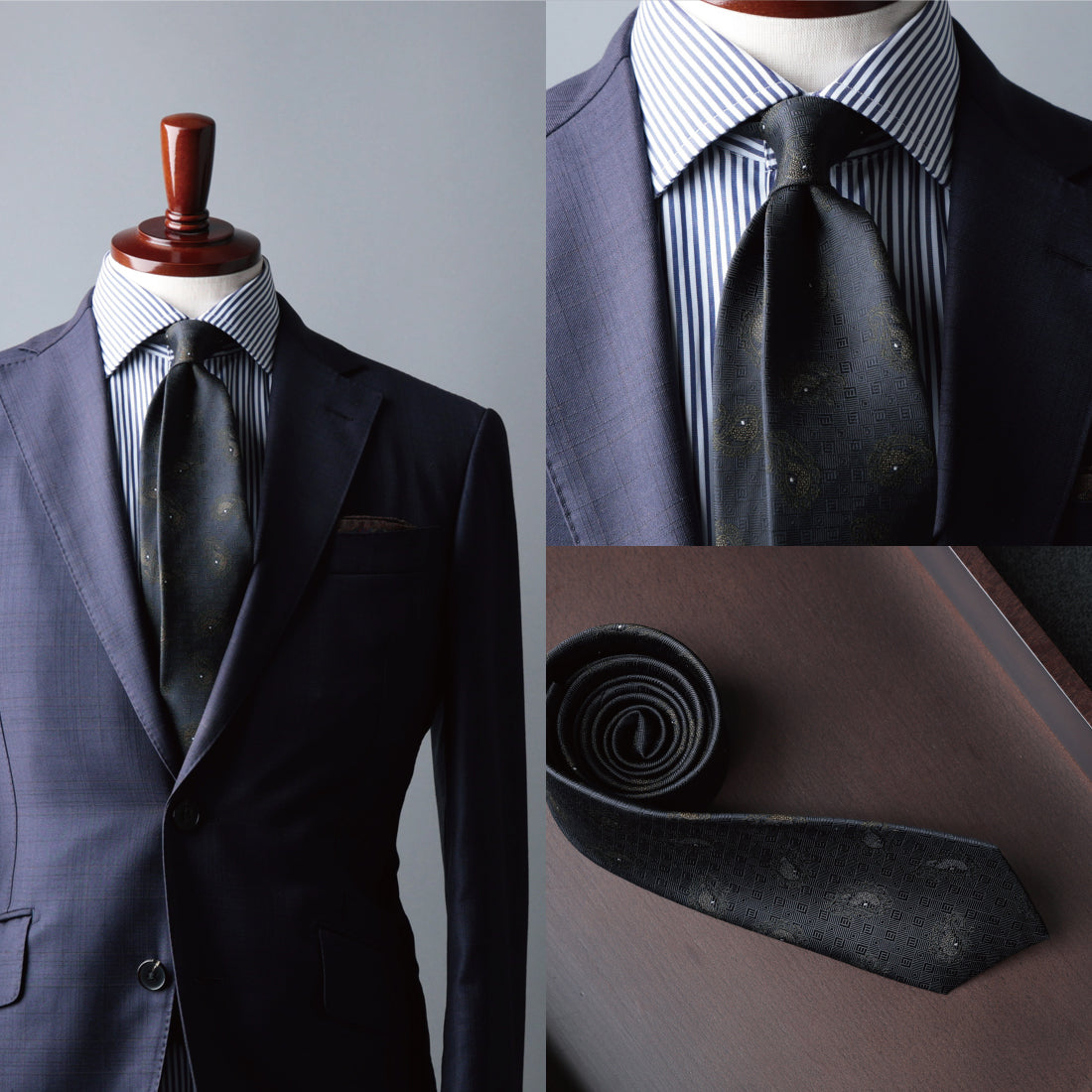 ネイビースーツの上半身、Vゾーン、グレー地にペイズリー柄のネクタイ単品。