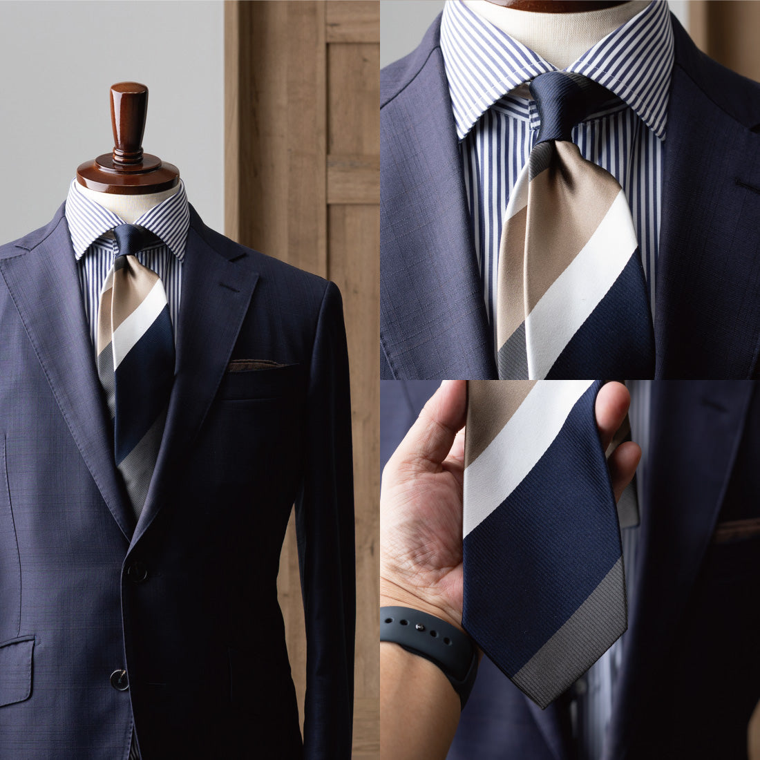 ネイビーのスーツに合わせたネイビー×グレーのワイドストライプシルクネクタイ KYOTO SILK