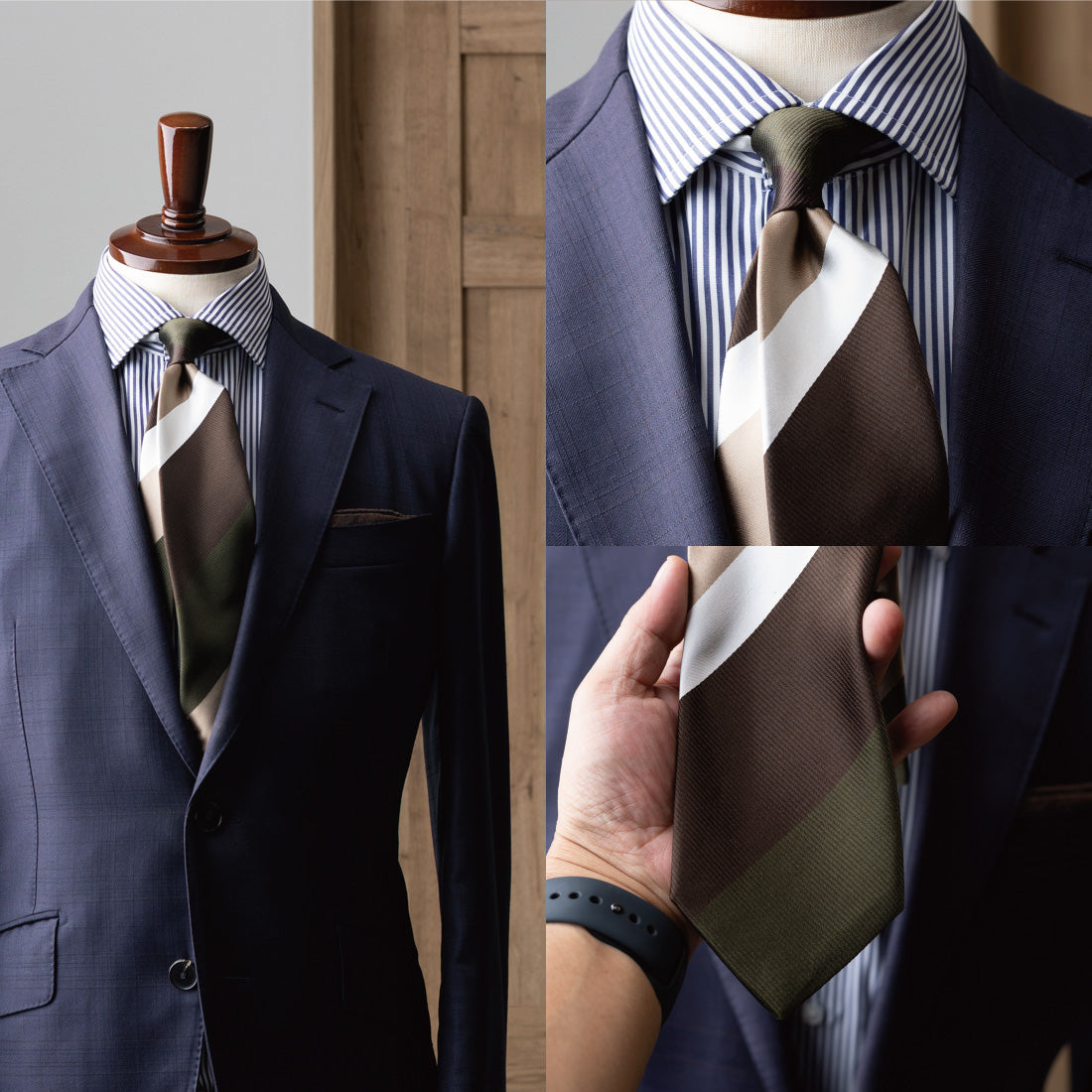 ブラウン×オリーブのワイドストライプシルクネクタイ KYOTO SILK